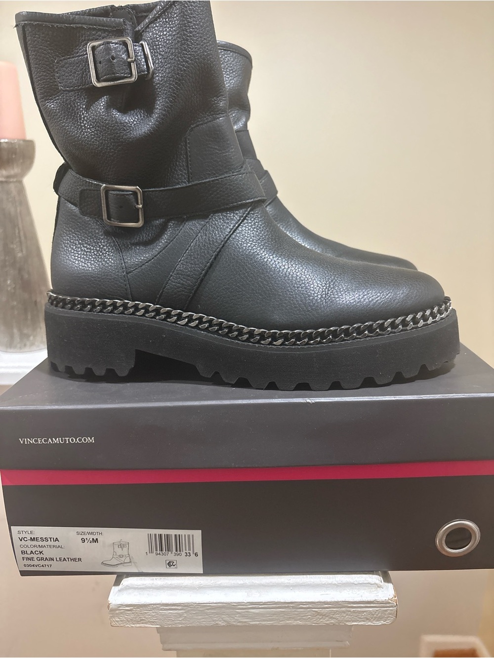Vince Camuto Black Leather Lug-Chain Ankle Boots